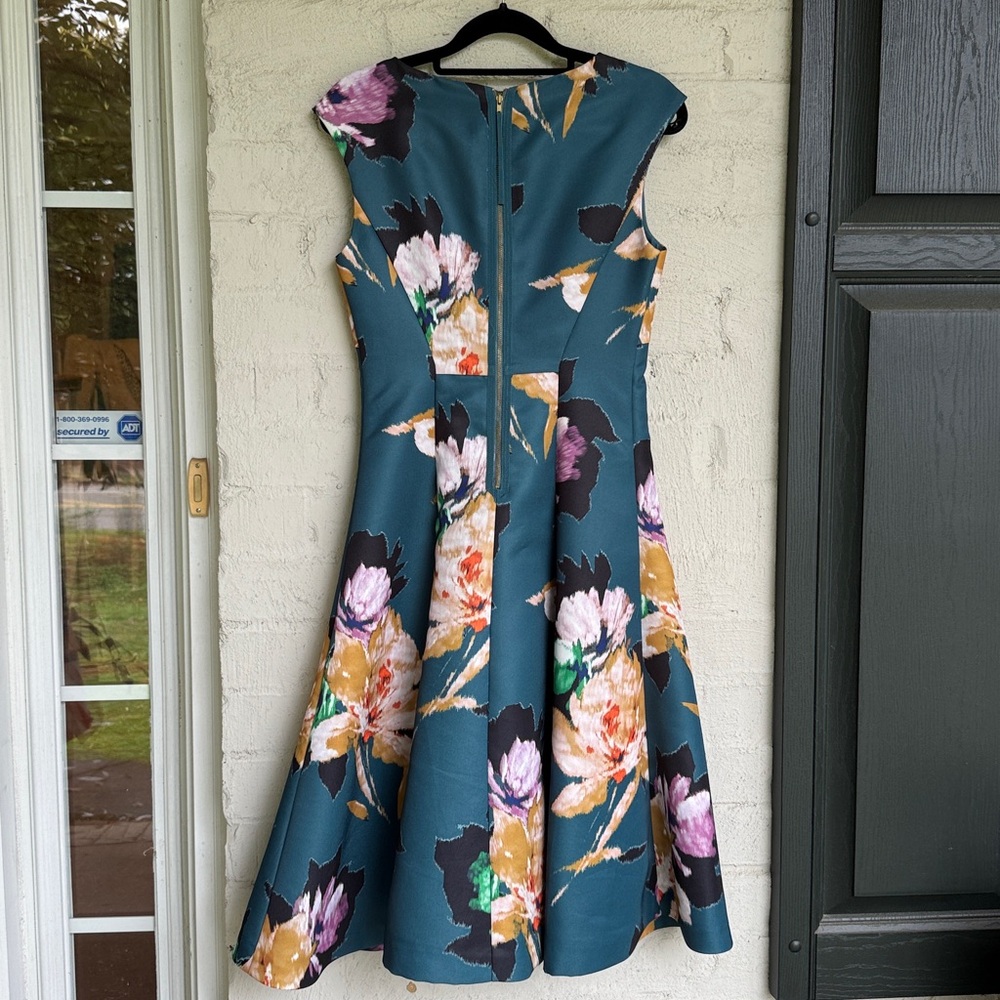 Anthropologie Moulinette Soeurs Baikal Teal Floral Tea Length Fit & Flare Size 2 - Picture 8 of 14